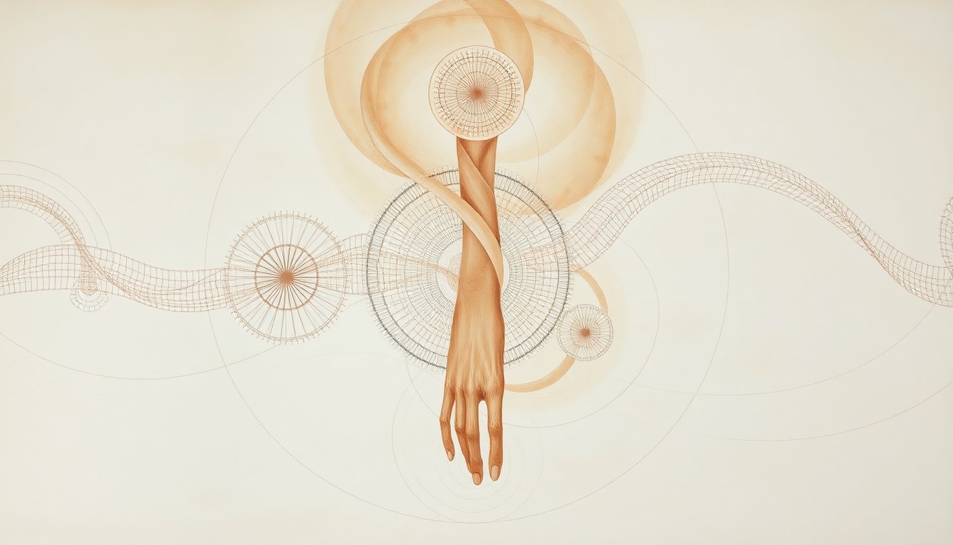 A highly textured, abstract painting in earthy tones featuring sweeping geometric shapes, concentric cellular structures, and precise botanical spirals, visually representing the complex biological concepts behind the potential for human limb regeneration.