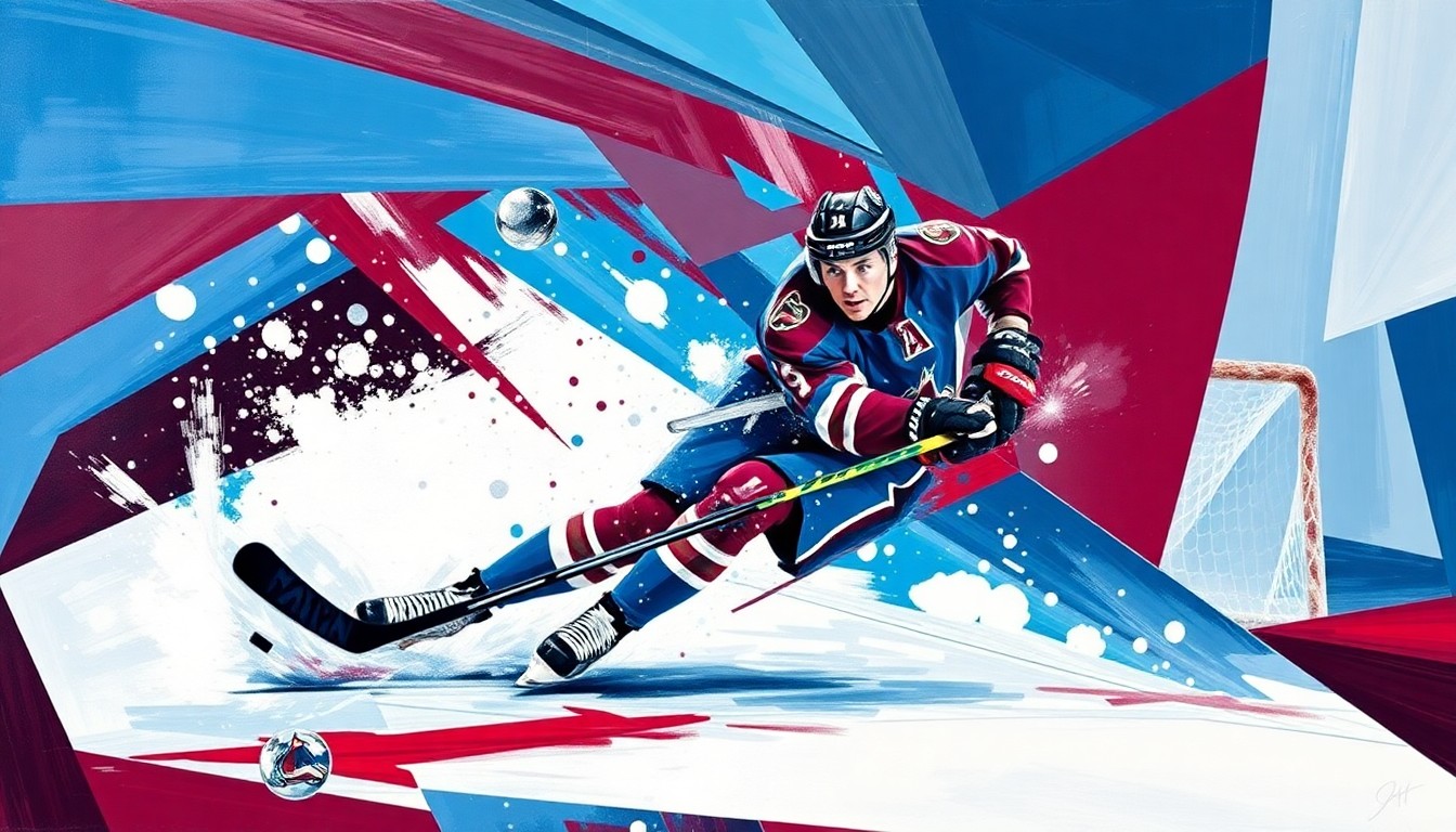 A fractured, multi-angled painting depicting hockey player Nathan MacKinnon in motion, with his body and the puck broken down into sharp, overlapping geometric shapes and planes in vibrant shades of burgundy, blue, and silver, conceptually representing his dominant goal-scoring prowess.