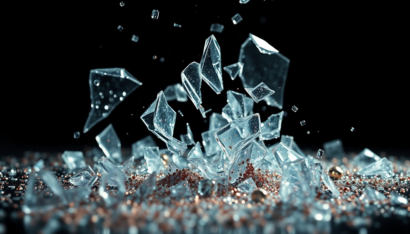 An extreme close-up photograph of shattered glass and glittering sequins in dramatic, high-contrast studio lighting, conceptually representing the fragmented relationships and loss of control within a high-profile celebrity family.