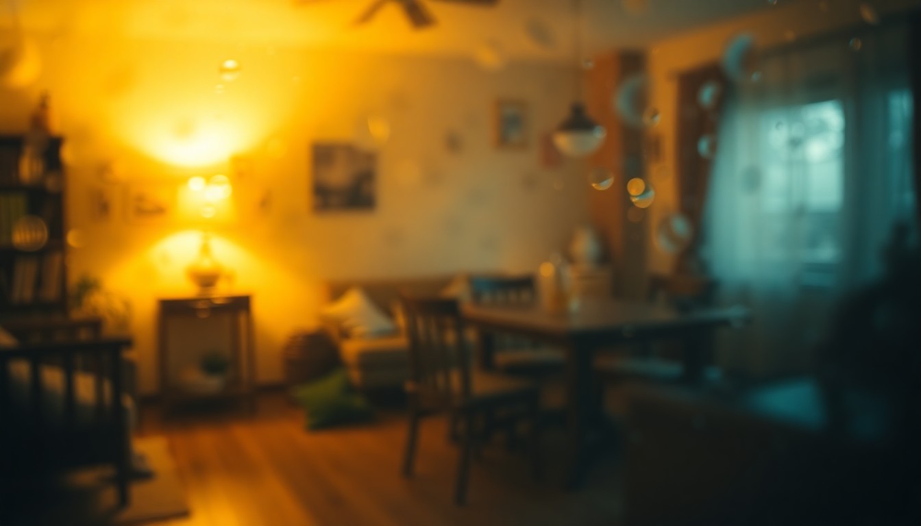 An abstract, impressionistic scene of a dimly lit, cozy interior space with soft, blurred edges and warm lighting, conceptually representing the modest living conditions of a working-class resident in the Hamptons' Montauk town.
