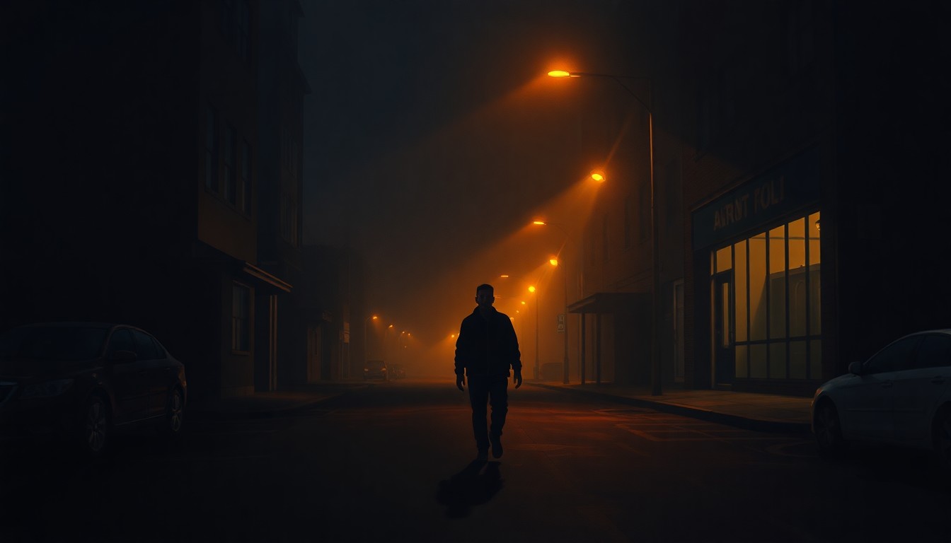 A cinematic painting depicting a lone figure walking down a dimly lit, deserted city street at night, the scene bathed in warm, diagonal lighting and deep shadows, conveying a sense of isolation and the challenges faced by migrants.