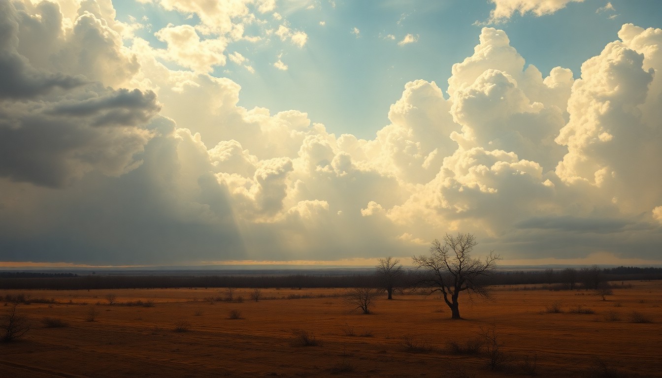 A sweeping landscape painting in muted earth tones, with a dry, cracked field or orchard taking up the foreground, dwarfed by an expansive, hazy sky filled with dramatic clouds and harsh sunlight, conveying the overwhelming power of the drought.