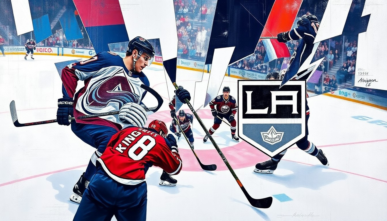 A cubist, geometric painting depicting a hockey game between the Colorado Avalanche and Los Angeles Kings, with the players and action broken down into sharp, overlapping planes of color.