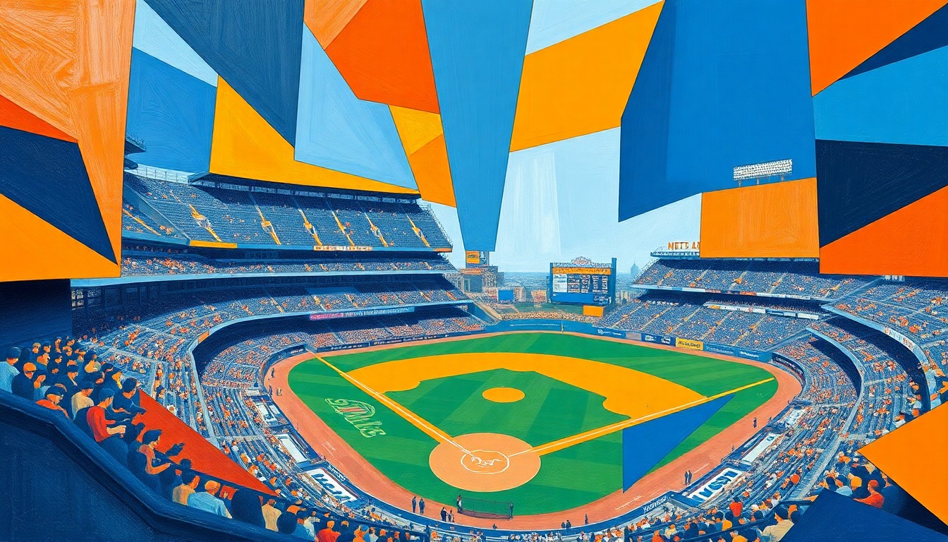 A cubist, geometric painting in shades of blue and orange, breaking down a baseball game into fragmented, overlapping shapes to represent the multifaceted impact of the Mets on the Queens community.