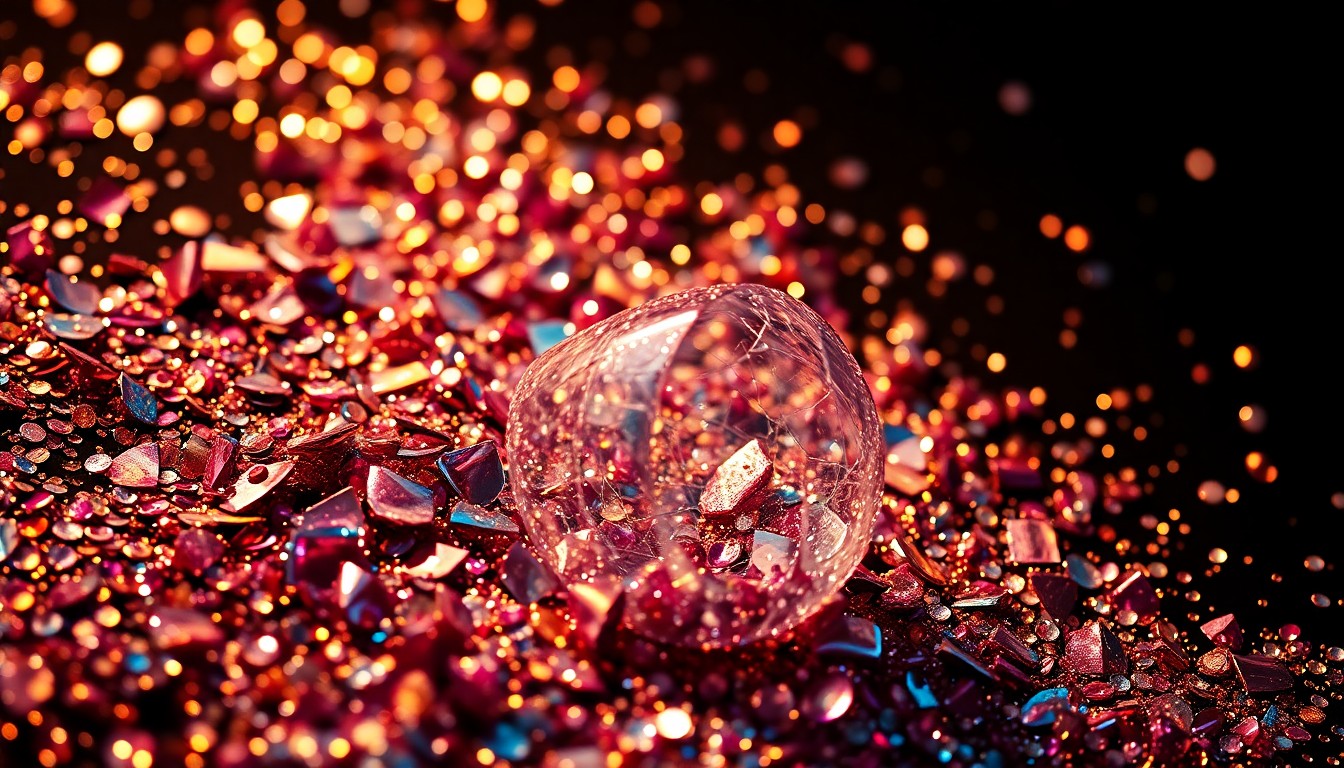 An abstract close-up image of shimmering sequins and shattered glass, bathed in dramatic studio lighting to create a high-fashion, glamorous aesthetic.
