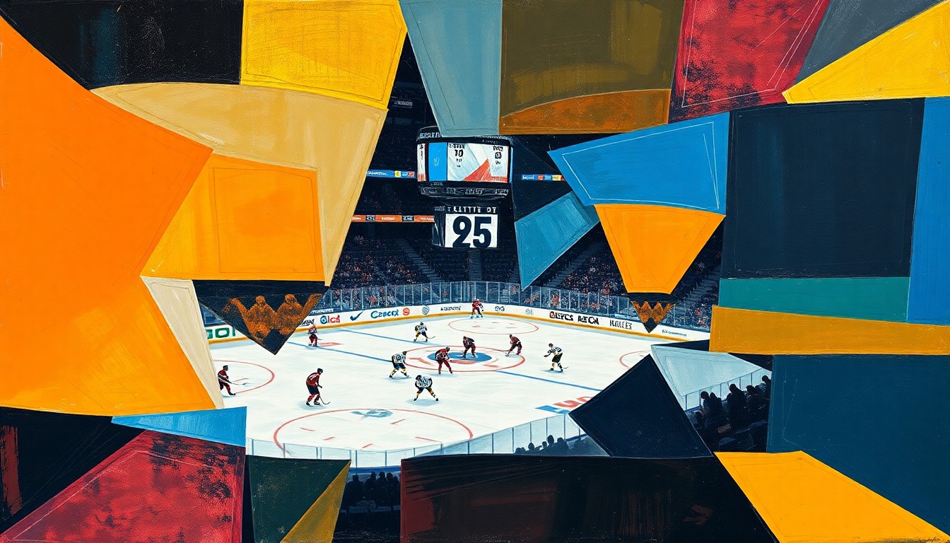 A fragmented, abstract painting depicting a hockey game, with players and the rink broken down into sharp, angular shapes and planes of color, conveying the fast-paced action and competitive spirit of the Central Division rivalry.