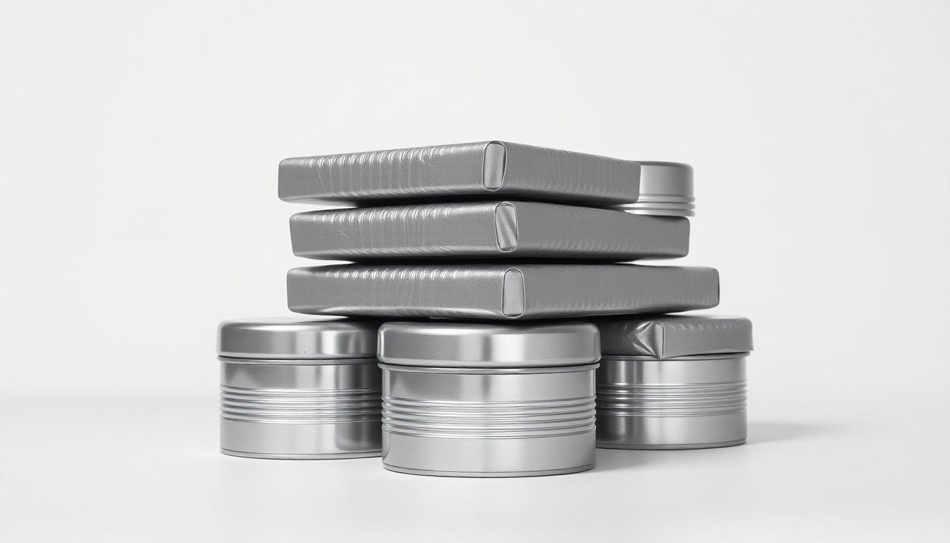 A high-end, photorealistic studio still-life photograph featuring a stack of gleaming tin cans or sheets in a range of metallic greys and silvers, representing the industrial production and supply chain of American-made tin.