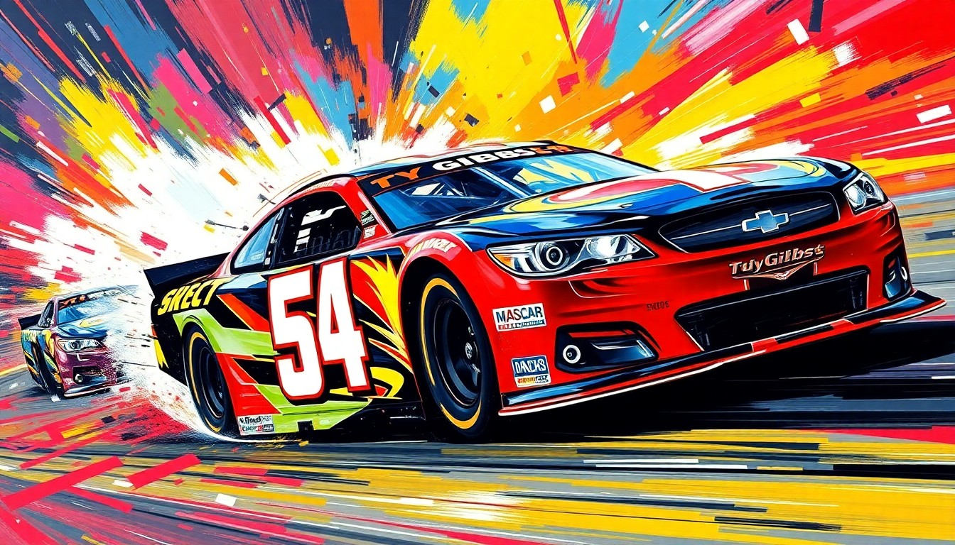 An abstract, energetic painting in neon colors depicting a NASCAR race, with the No. 54 car driven by Ty Gibbs surging through the pack, capturing the raw excitement and movement of the sport.