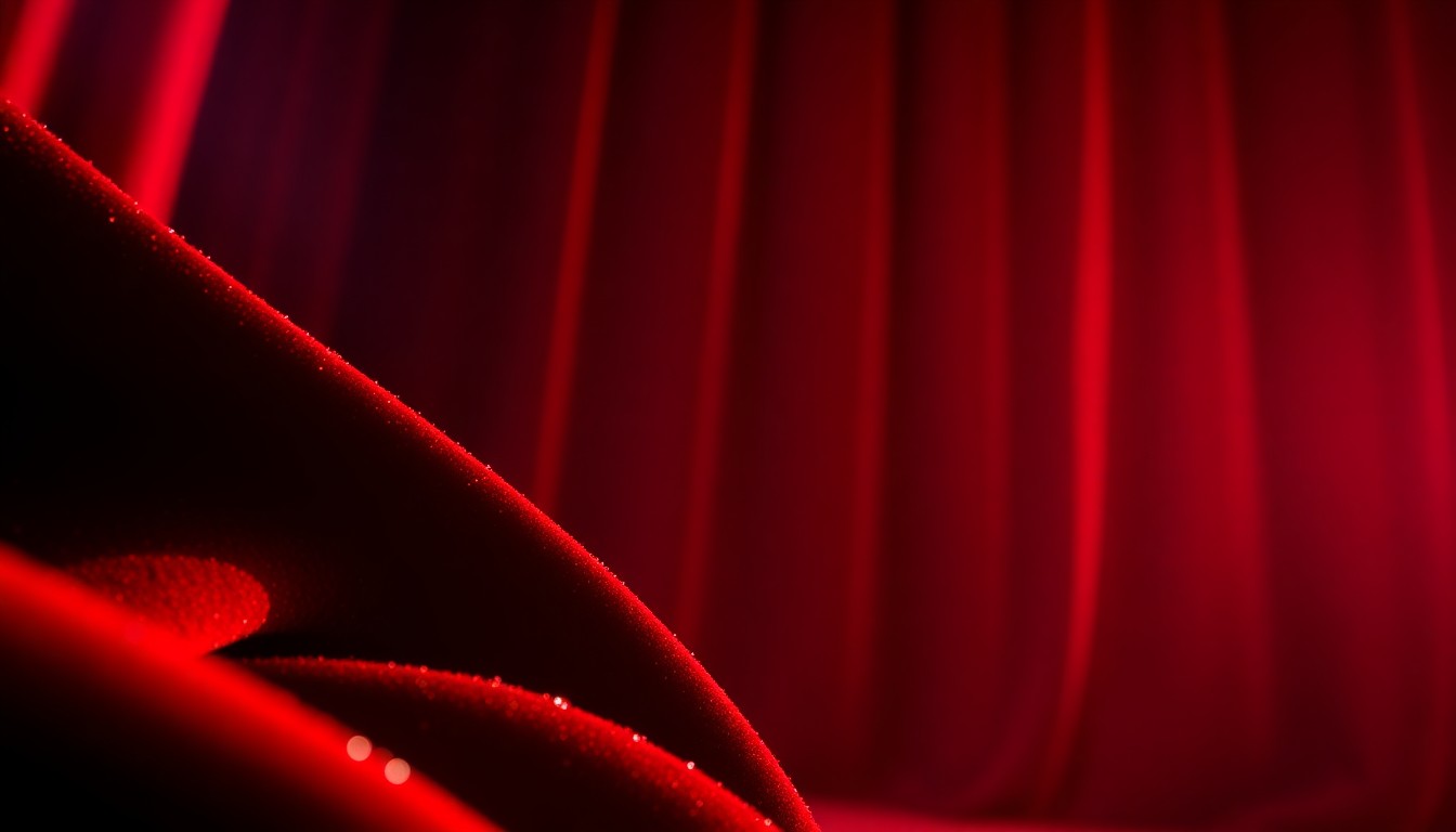 An extreme close-up of lush, velvety red fabric, capturing the high-contrast lighting and luxurious texture of a Hollywood red carpet.