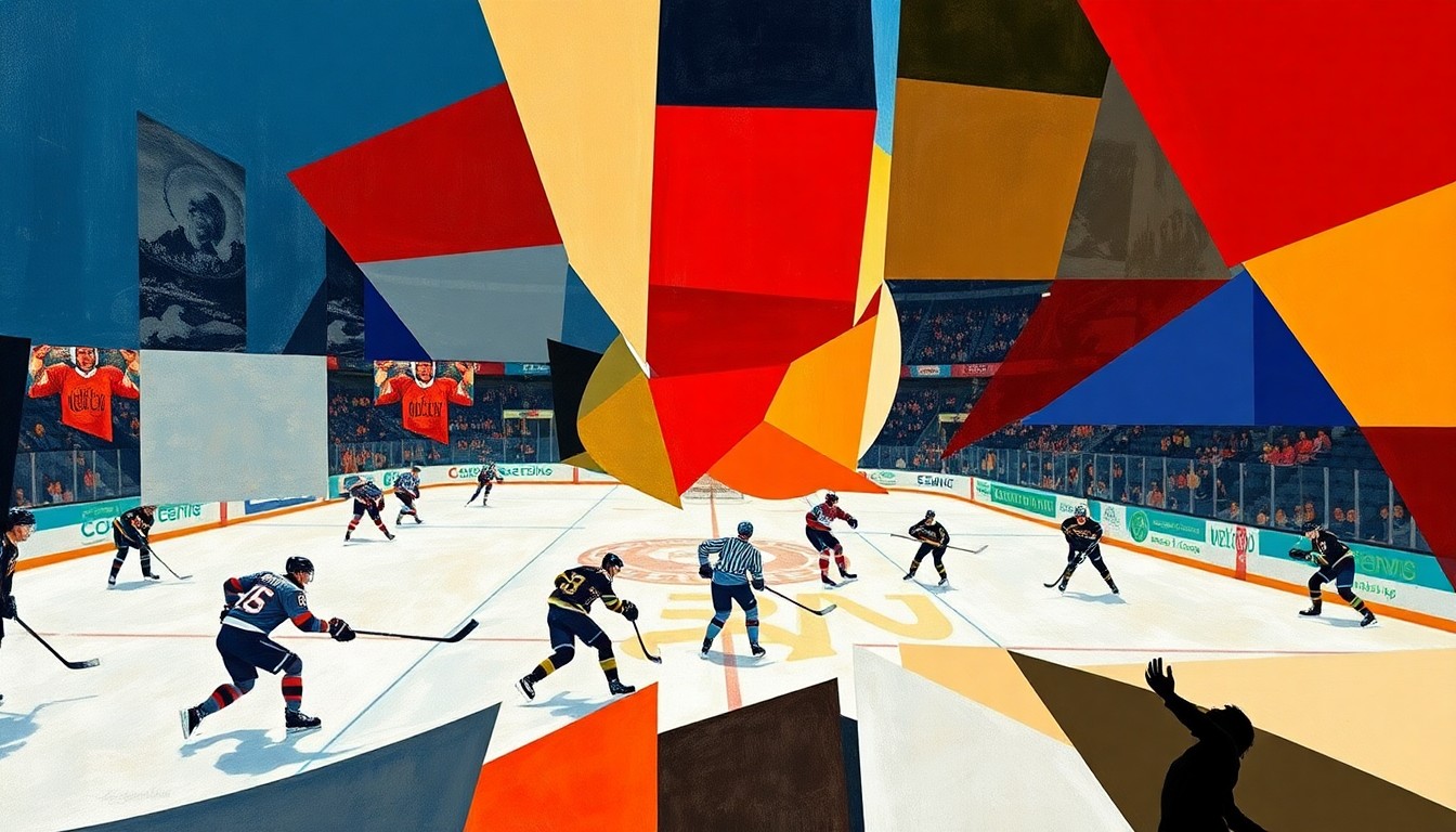 A fractured, cubist-style painting depicting a hockey game, with the players and arena broken down into overlapping geometric shapes and planes of vibrant color, capturing the sport's intensity and dynamism.