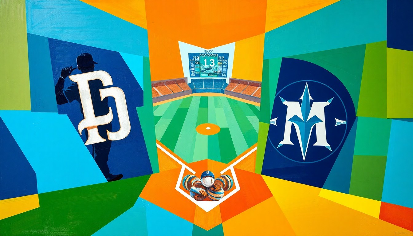 A cubist, geometric painting depicting a baseball game in progress, with players and the field broken down into sharp, overlapping planes of vibrant blue, orange, and teal colors.