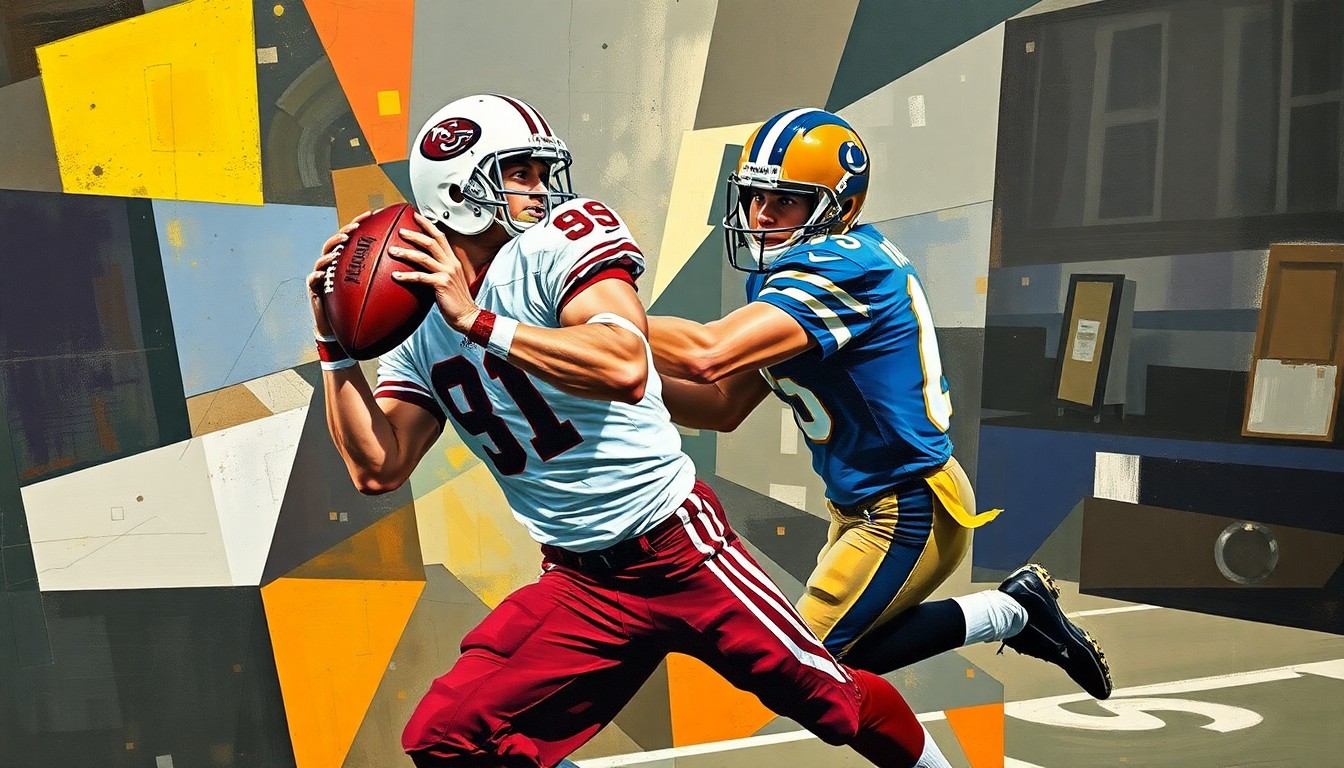 A fragmented, geometric painting depicting a football player in mid-air making an interception, with the player's form broken down into sharp, overlapping planes of color.