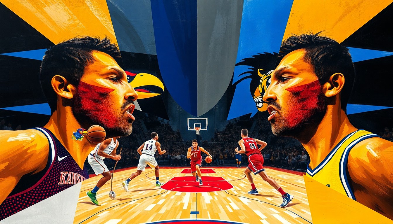 A fractured, cubist-style painting depicting a basketball game between Kansas and Missouri players, with their forms broken down into sharp, overlapping geometric shapes and planes of vibrant colors representing the two teams' uniforms.
