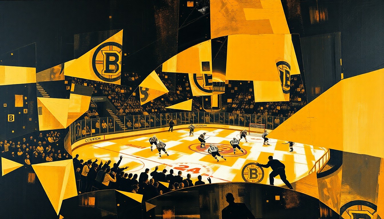 A fragmented, geometric painting depicting a Bruins hockey game, with sharp, overlapping planes of color and form representing the team's multifaceted approach to the postseason.