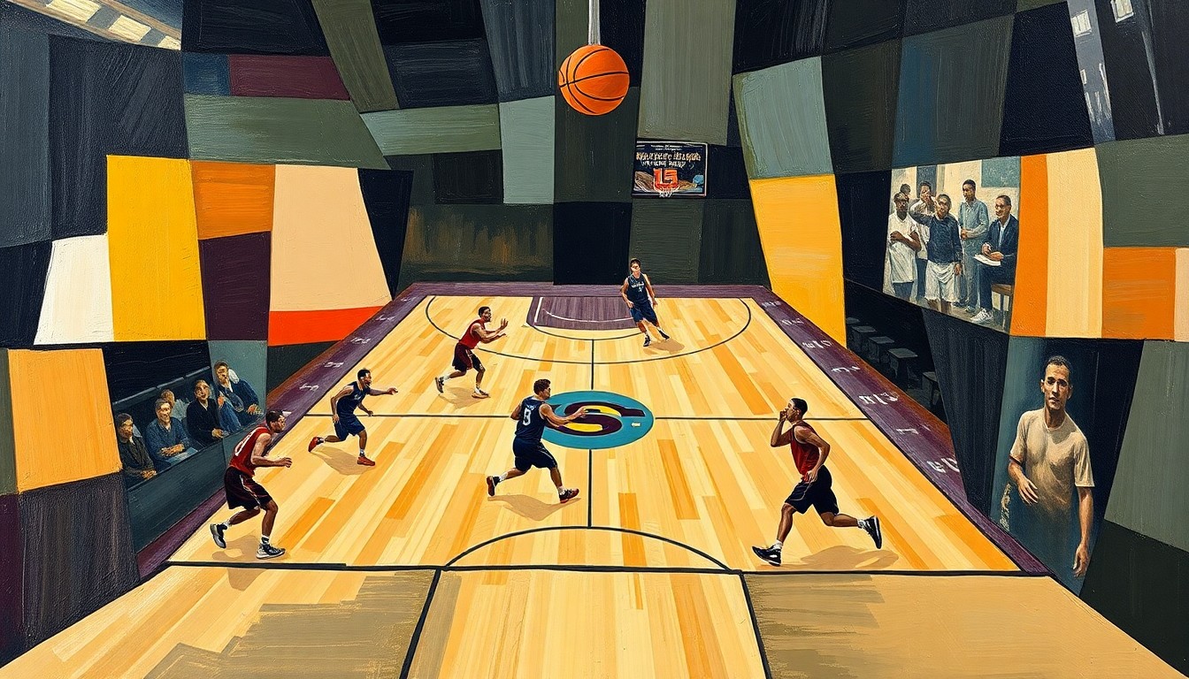 A fractured, multi-perspective painting featuring sharp, overlapping geometric planes in vibrant colors, representing the dynamic movements and energy of a college basketball game.