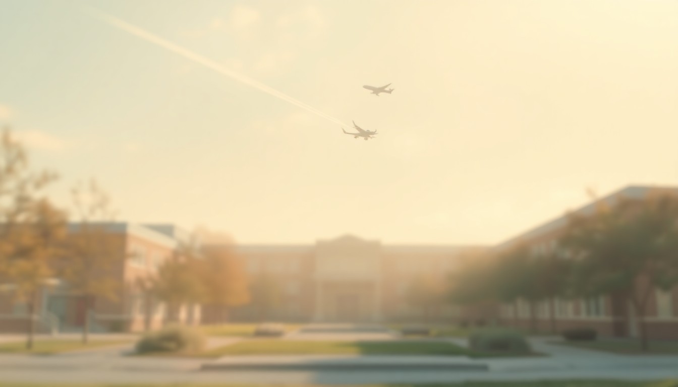 An abstract, impressionistic scene of a high school campus on a sunny day, with a small plane flying overhead leaving a trail of light in the blurred, hazy sky. The image is composed of soft, warm colors and blurred edges, creating a dreamlike, atmospheric quality.