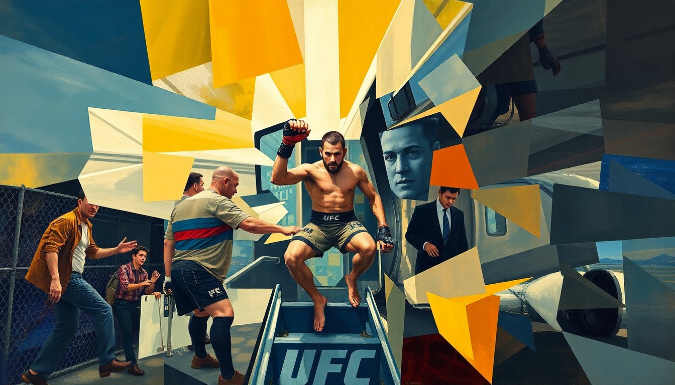 A cubist, geometric painting depicting the fragmented scene of a person being removed from an airplane, with overlapping planes of color and shape representing the disruption and tension of the incident.