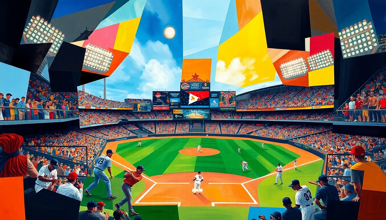 A fractured, multi-perspective painting depicting a baseball game, with players, bats, balls, and the field broken down into sharp, overlapping geometric planes in a dynamic, kinetic composition using vibrant colors.
