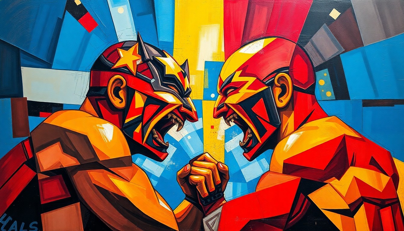A cubist, geometric painting depicting a confrontation between two professional wrestling factions, with sharp, overlapping planes of vibrant red, blue, and yellow colors capturing the raw energy and tension of the moment.