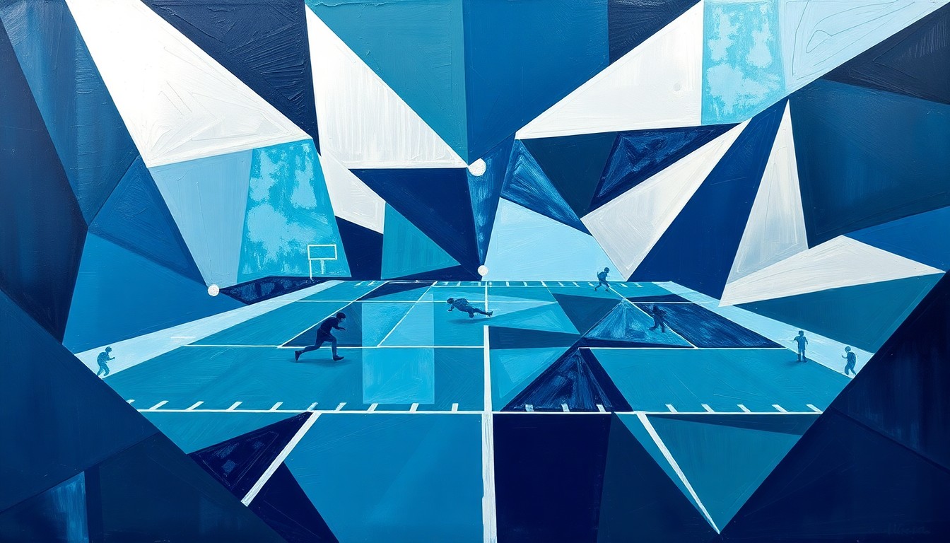 A cubist, geometric painting depicting fragmented scenes of a football game, with sharp planes of navy, silver, and teal colors representing the dynamic action on the field.