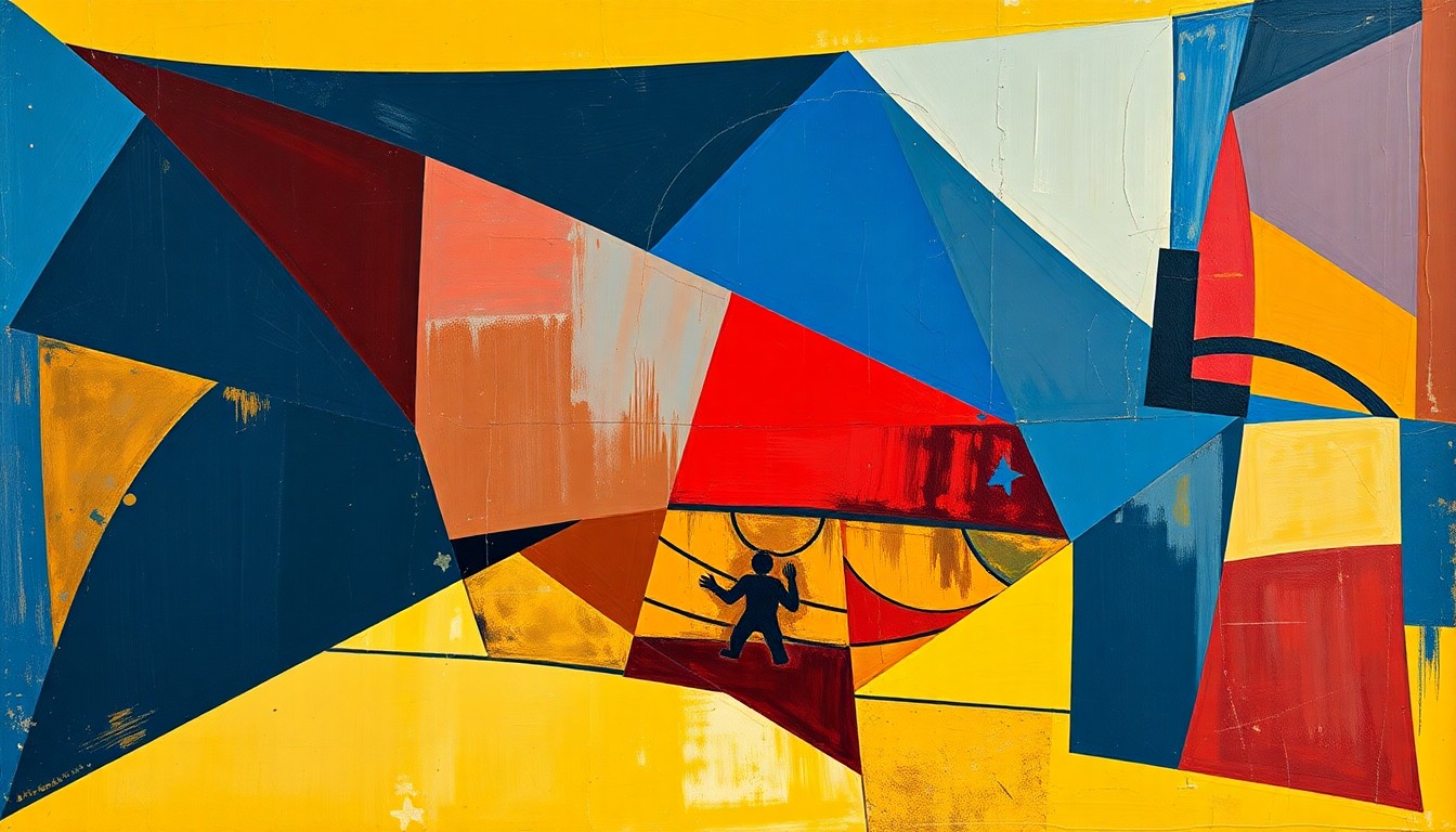 A cubist, geometric painting depicting a fragmented basketball court scene with overlapping shapes and planes in navy, red, and yellow, conceptually representing the challenges the Hawks face without their starting center.