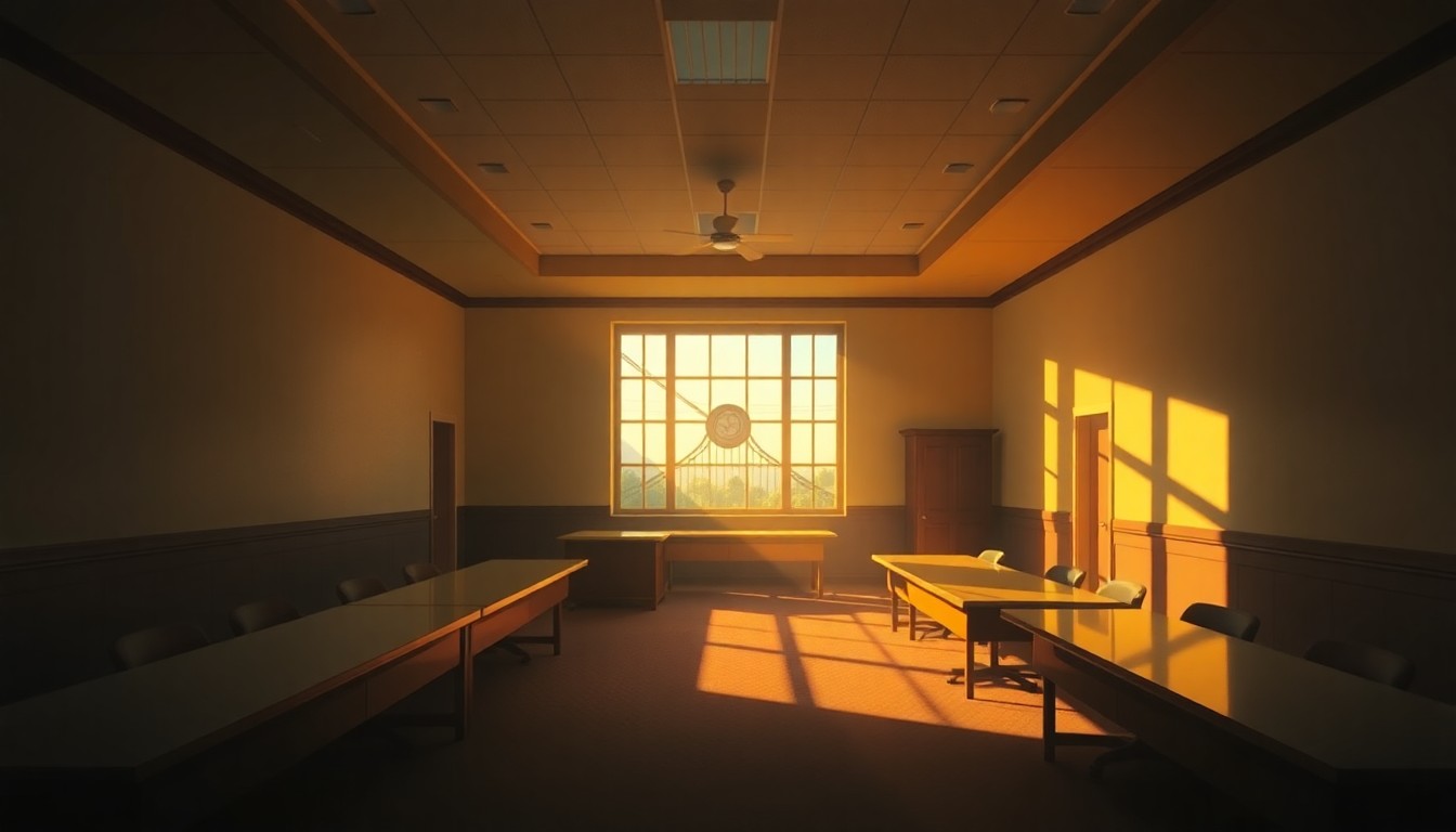 A dimly lit, cinematic painting of an empty government office or meeting room, with warm sunlight streaming in through the windows and deep shadows cast across the walls and furniture, creating a sense of quiet contemplation and political tension.