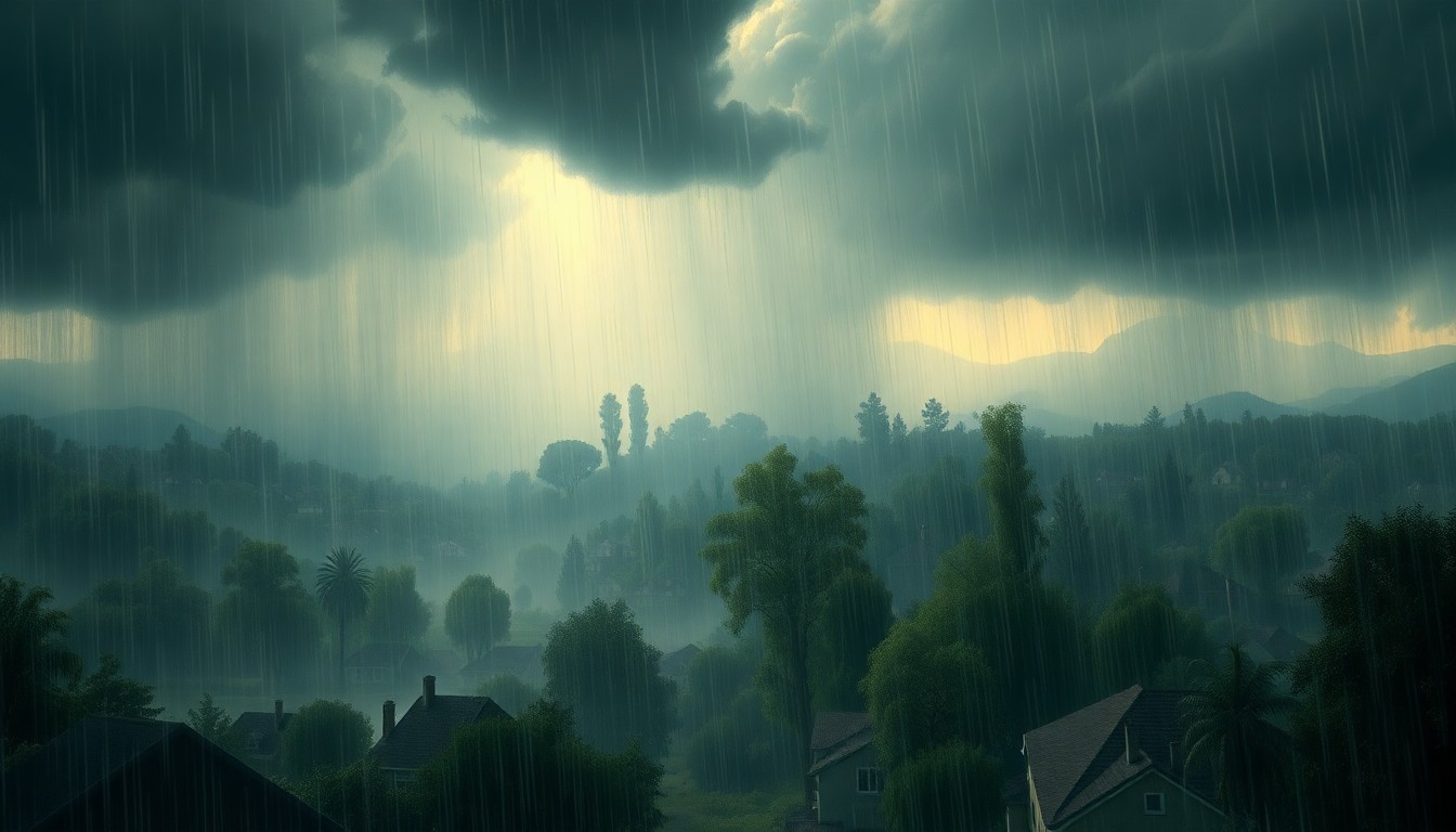 A sweeping, atmospheric landscape painting depicting a residential neighborhood shrouded in a heavy rainstorm, with houses and trees partially obscured by sheets of falling water, conveying the overwhelming power of nature.