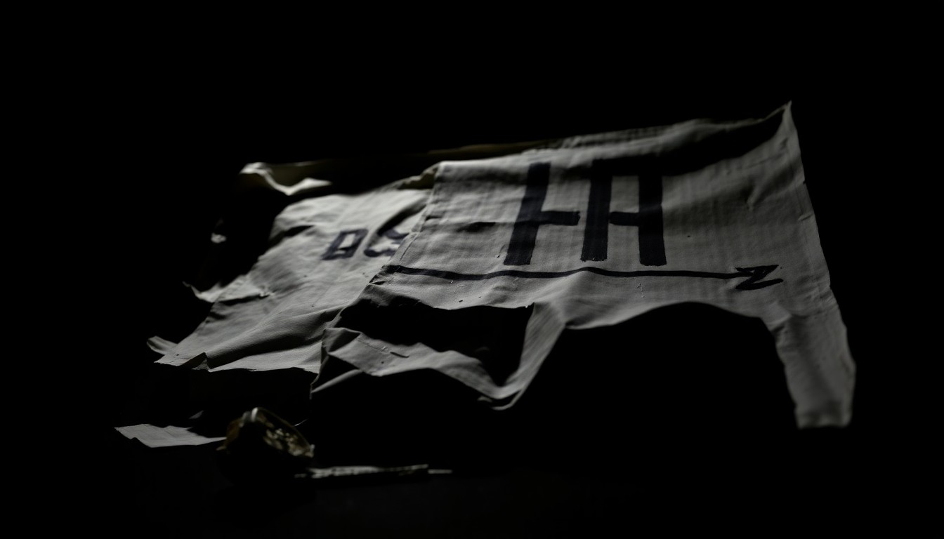 An extreme close-up photograph of a crumpled protest sign or discarded object from the scene, lit by a harsh, direct camera flash against a pitch-black background, conceptually illustrating the gritty, investigative nature of the incident.