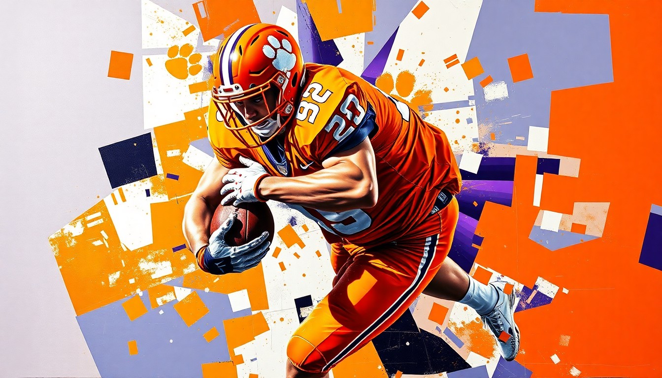 A fragmented, geometric painting depicting a Clemson football player making a tackle, with sharp planes of orange and purple colors representing the dynamic motion of the sport.