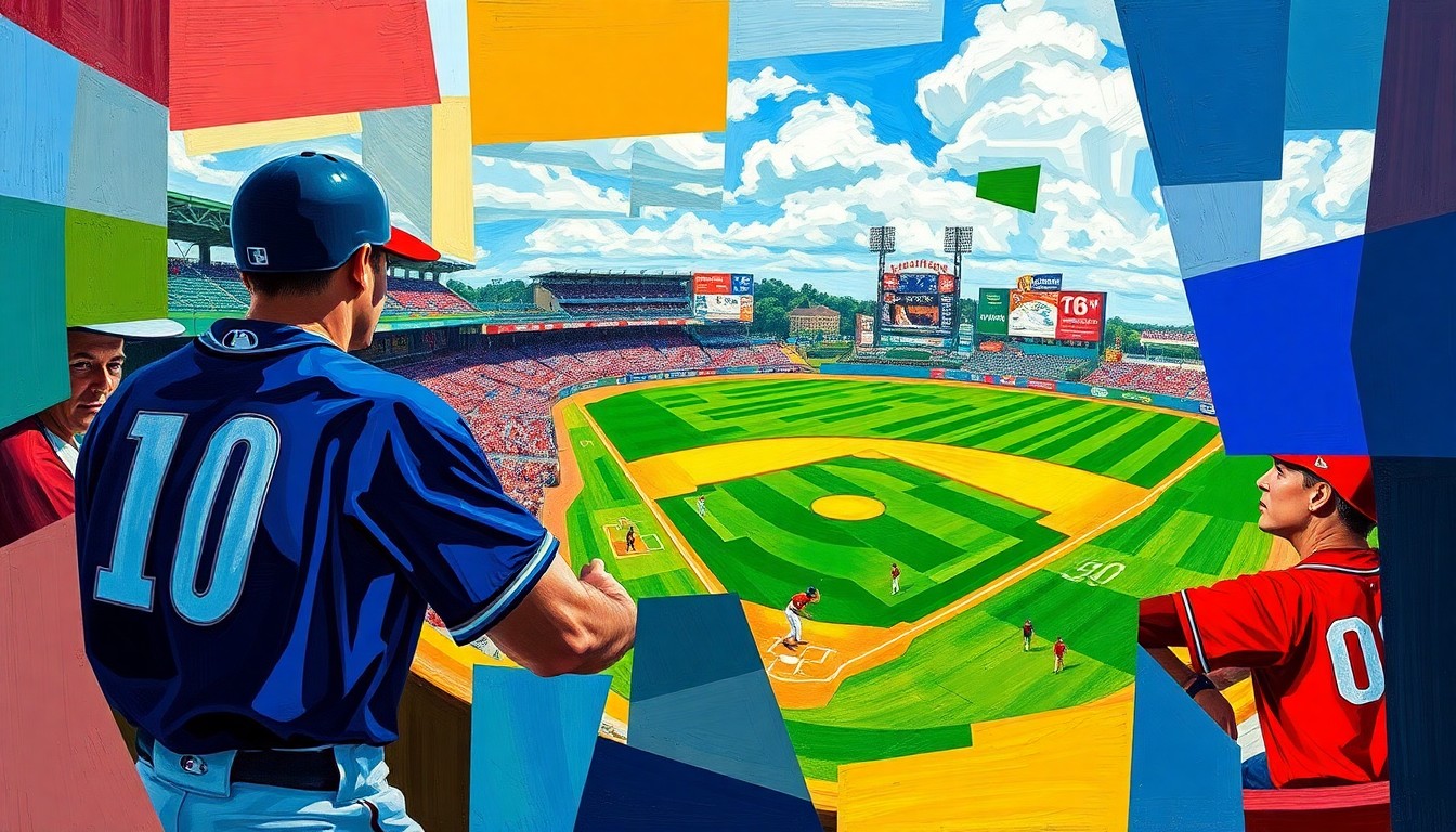 A fractured, multi-perspective painting featuring sharp, overlapping geometric shapes in the team colors of the Greenville Drive and Bowling Green Hot Rods, conveying the dynamic action and competitive spirit of the baseball game.