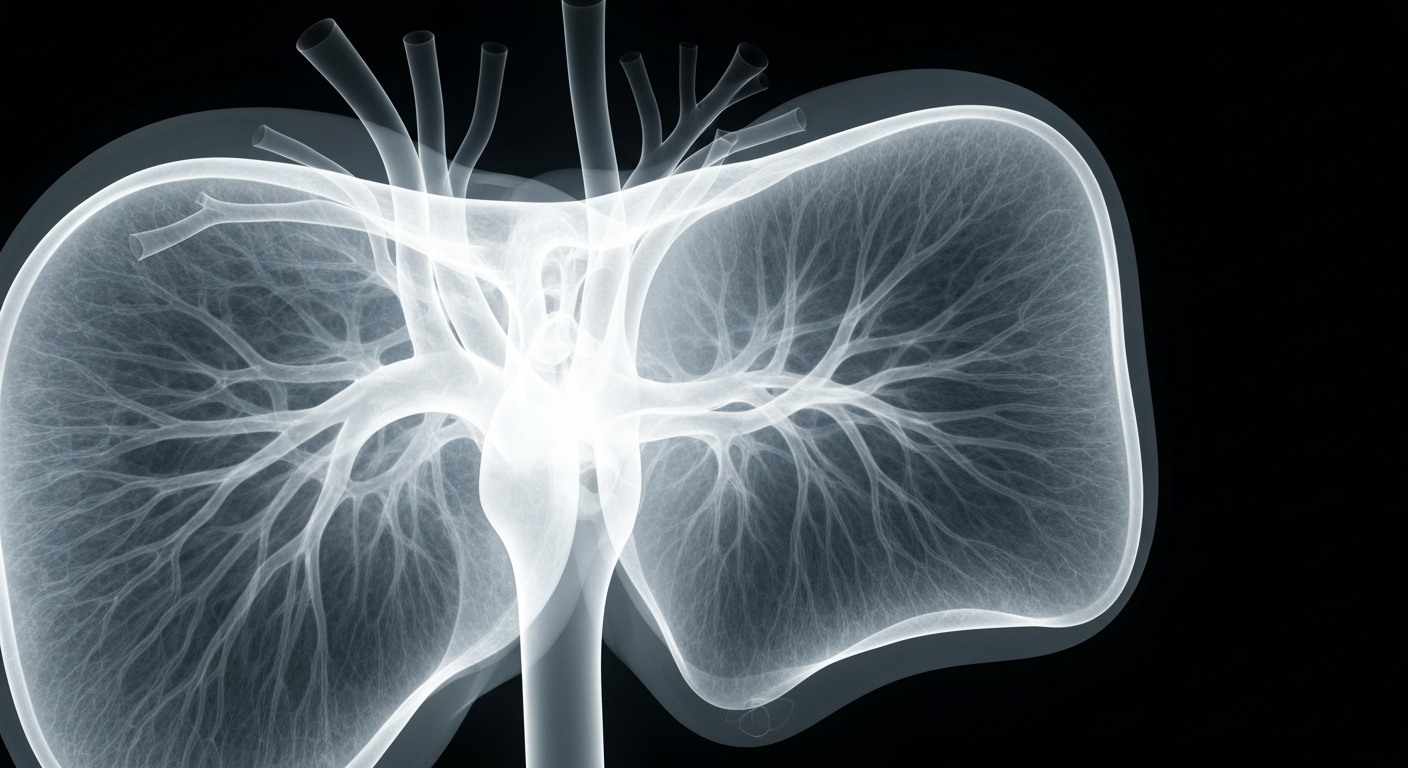 An extreme close-up X-ray image revealing the intricate network of vessels, ducts, and tissue structures that make up the human liver, presented in a ghostly, translucent style that highlights the organ's vital role and the challenges of treating liver cancer.