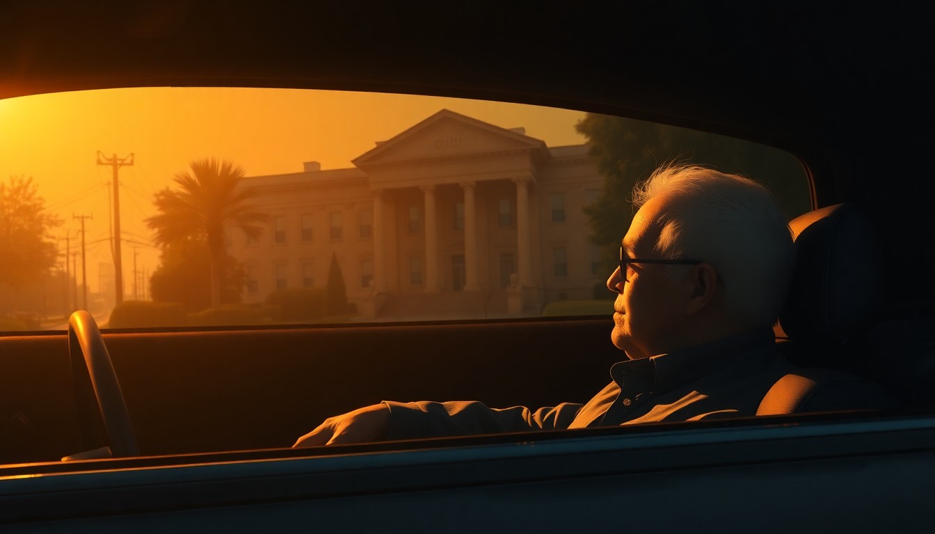 A textured oil painting depicting an elderly person sitting in a parked car outside a government building, the scene bathed in warm, dramatic lighting and deep shadows, conceptually representing the accessibility of curbside voting.