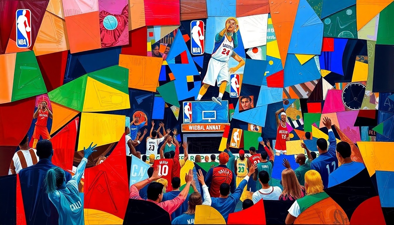 A cubist-style painting featuring fragmented geometric shapes in the team colors of the NBA and WNBA, capturing the celebratory energy of draft night for the two leagues.