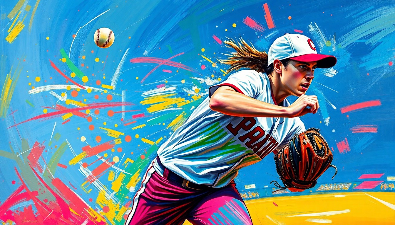 An abstract, energetic painting using bold, neon-colored brushstrokes to depict the powerful pitching motion of a softball player, conveying the raw athleticism and intensity of the game.