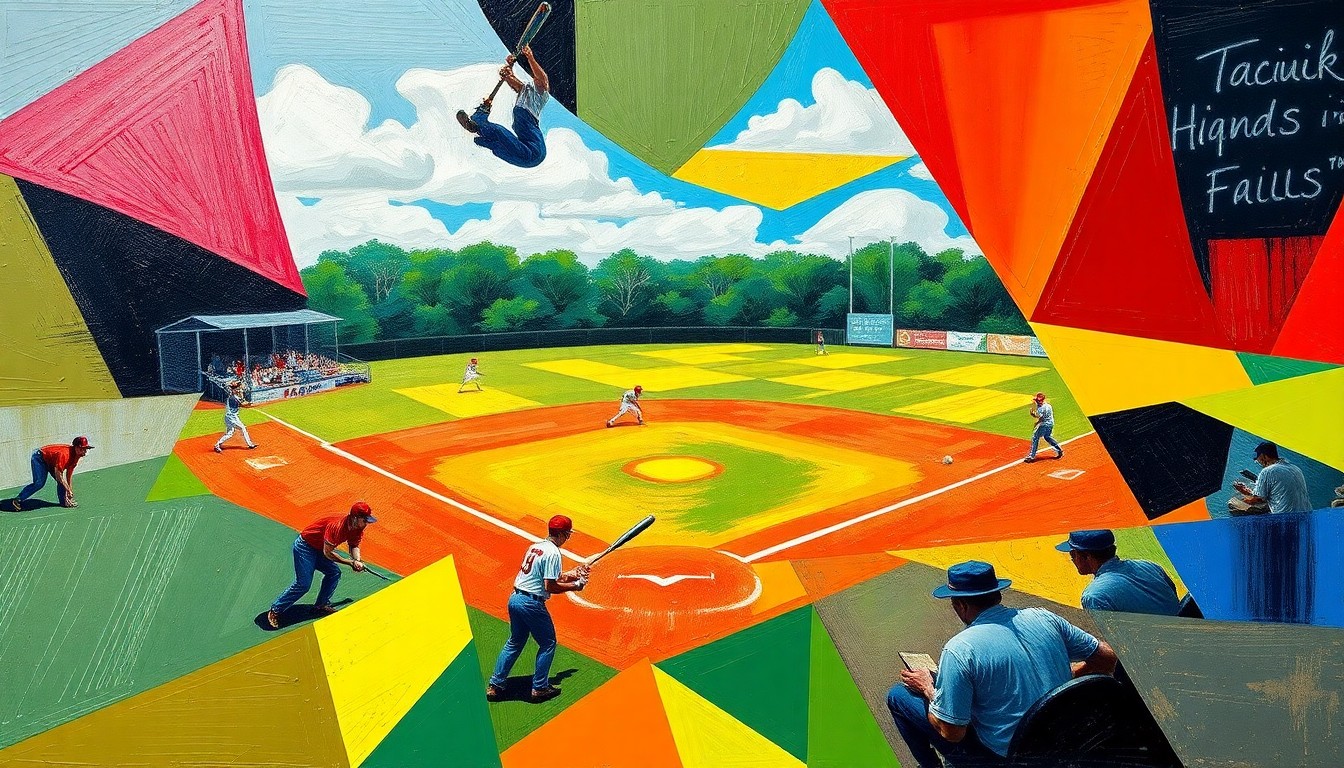 A fragmented, geometric painting depicting a high school softball game, with sharp planes of color representing the competing teams.