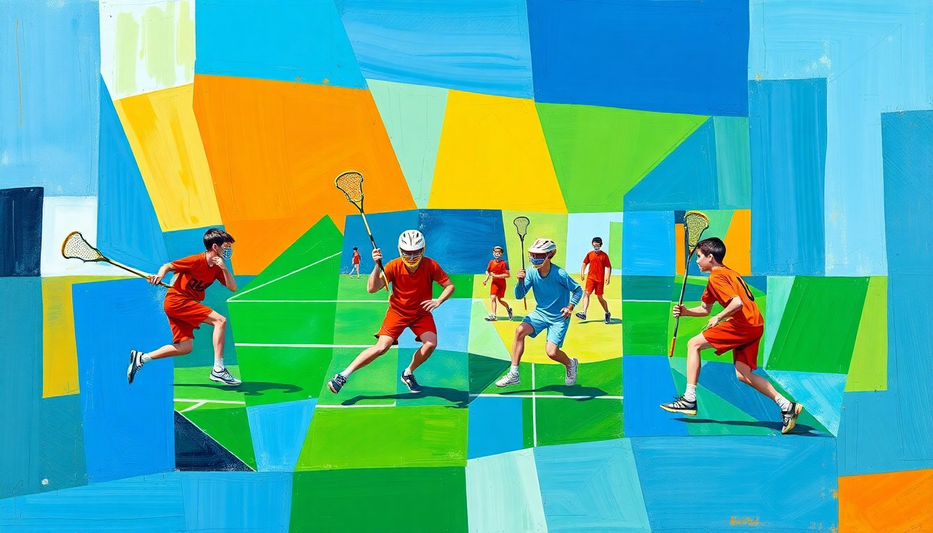 A fragmented, geometric painting in bold colors depicting the motion and energy of a boys' lacrosse game, with players and the field broken down into overlapping angular shapes.