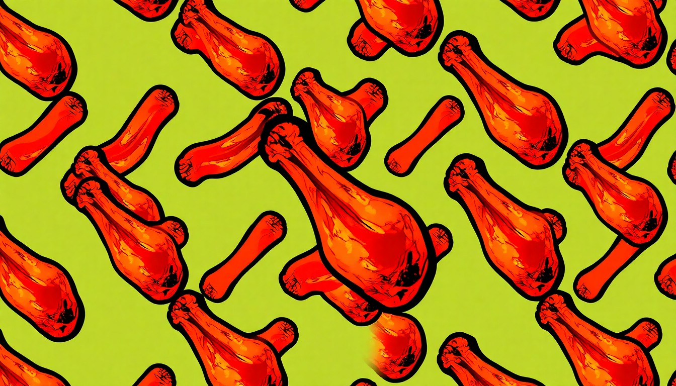 A brightly colored, abstract silkscreen print composed of repeated chicken wing illustrations in neon shades of orange, pink, and blue, conceptually representing the energy and creativity of a community food festival.