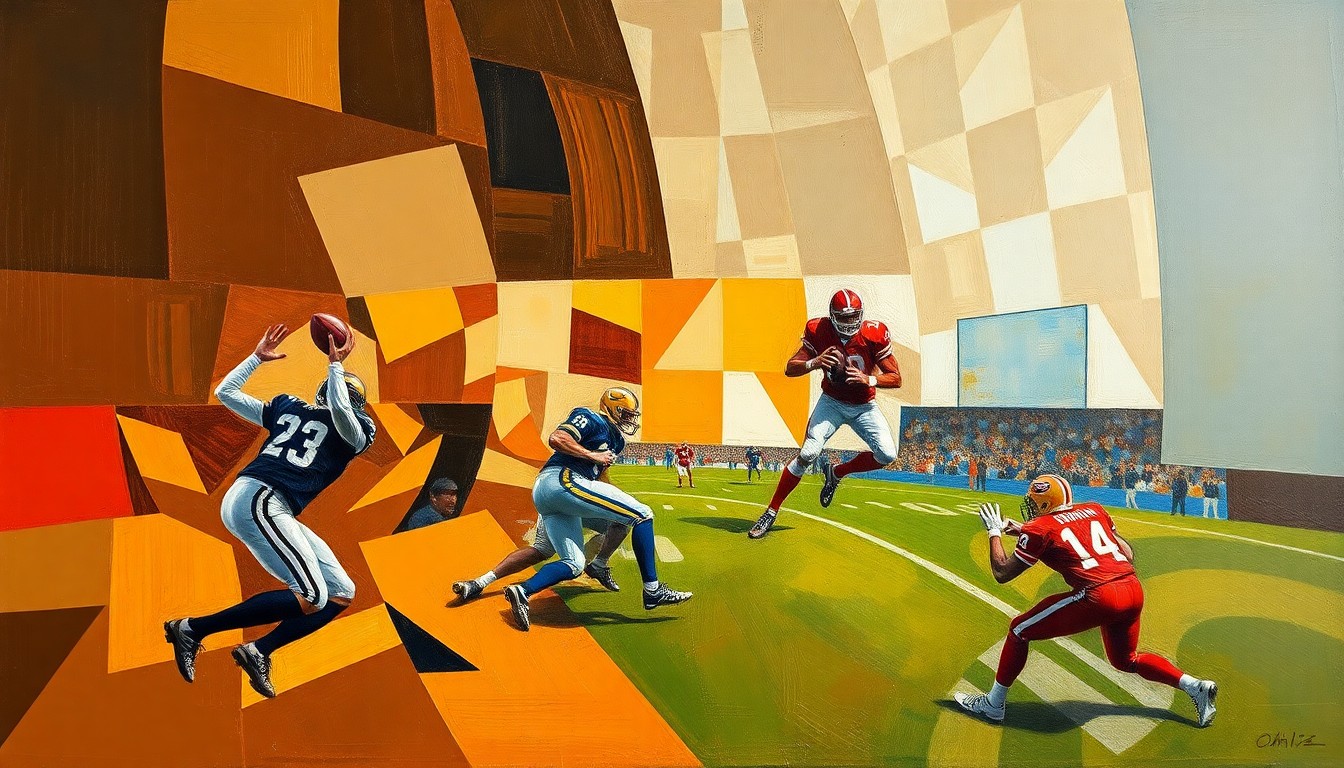 A fragmented, geometric painting depicting a football player in motion, with sharp planes of brown, orange, and blue hues conceptually representing the challenges facing the young quarterback.