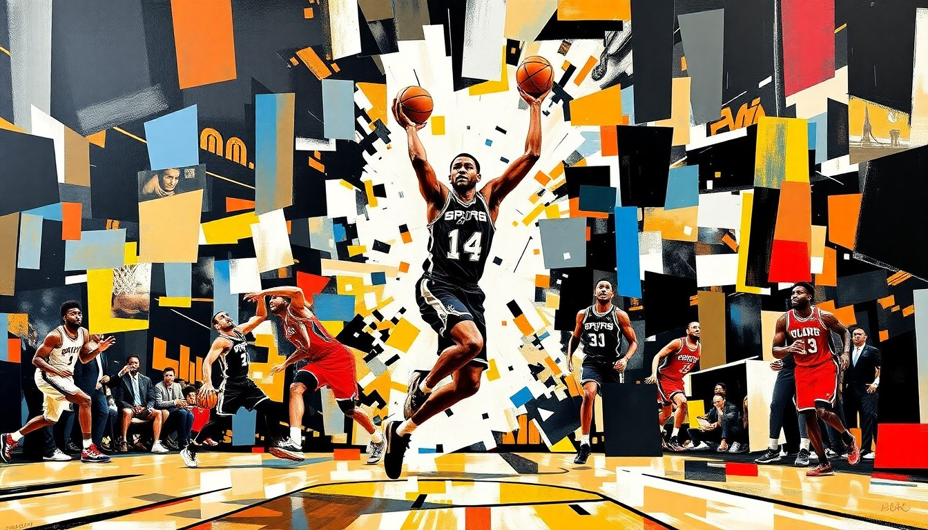 A cubist, geometric painting depicting a basketball player in motion, with sharp, overlapping planes of color representing the energy and dynamism of the sport.