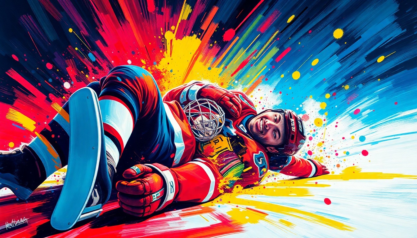 An extreme close-up of a hockey player's jersey and equipment dissolving into a vibrant, expressionist blur of neon paint strokes, conceptually representing the intensity and danger of a life-threatening medical emergency on the ice.