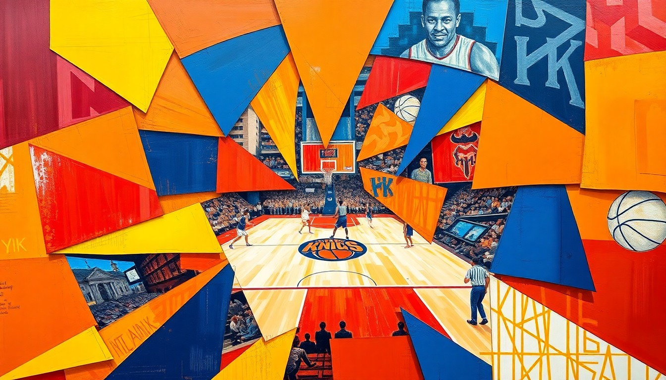 A fractured, multi-perspective painting in bold, clashing colors that breaks down a basketball game between the Knicks and Hawks into sharp, overlapping geometric shapes, capturing the intensity of their heated rivalry.