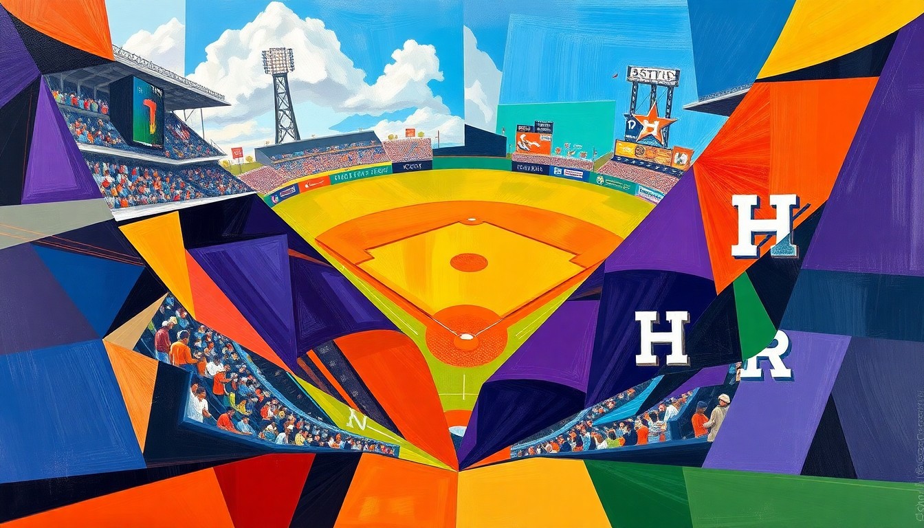 A fractured, geometric painting depicting a baseball game between the Colorado Rockies and Houston Astros, with sharp, overlapping planes of vibrant purple, orange, and navy blue colors.