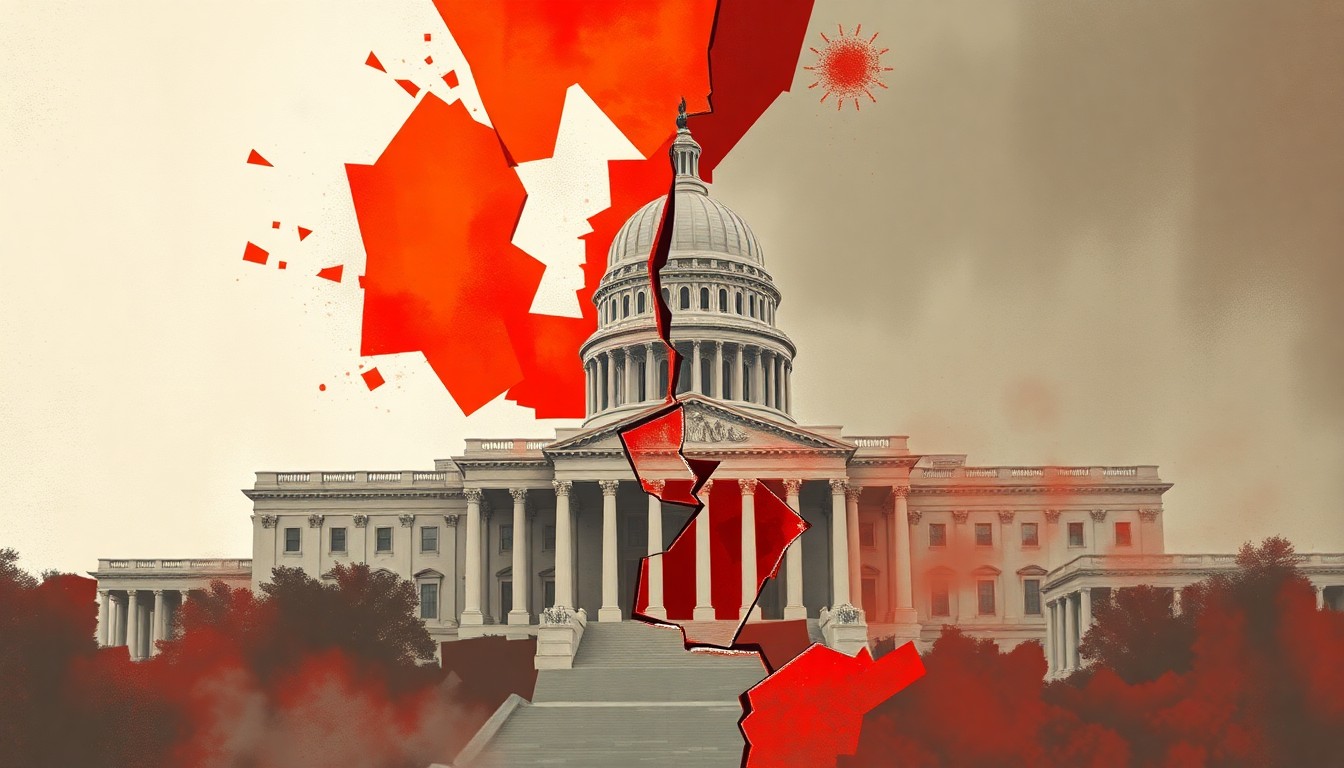 A fragmented, abstract painting in shades of red, orange, and gray, depicting the crumbling facade of a government building or monument, conveying a sense of political instability and division.
