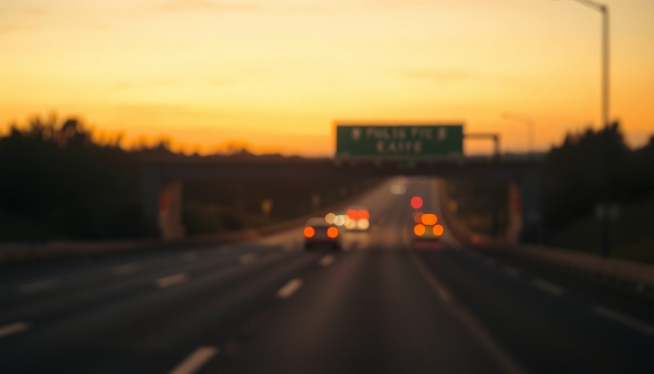 An extremely abstracted, out-of-focus photograph in soft pools of warm color and light, depicting the blurred scene of a highway exit ramp at night, with the faint silhouettes of a car and emergency vehicles in the distance, conceptually illustrating the unexpected birth of a child on the side of the road.