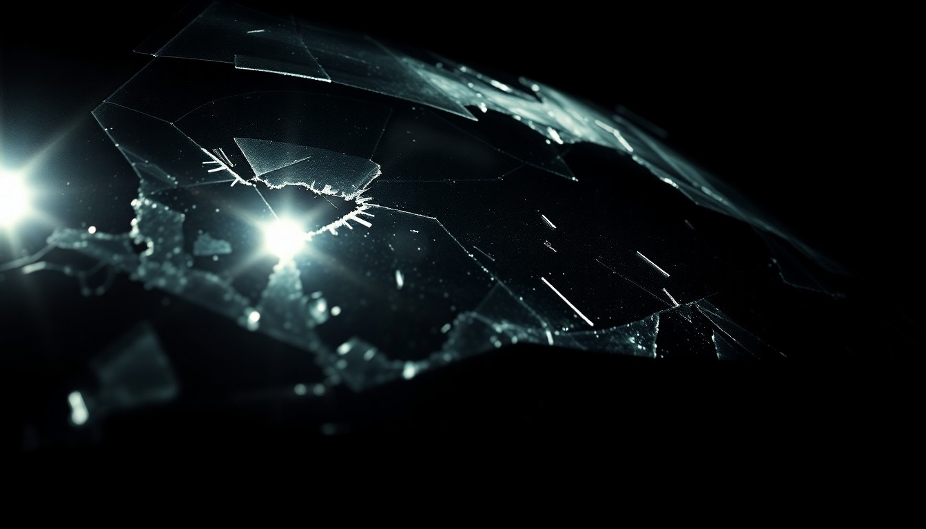 An extreme close-up photograph of a shattered car windshield or damaged car part, lit by a harsh, direct camera flash against a pitch-black background, conceptually illustrating the aftermath of a dramatic police chase.