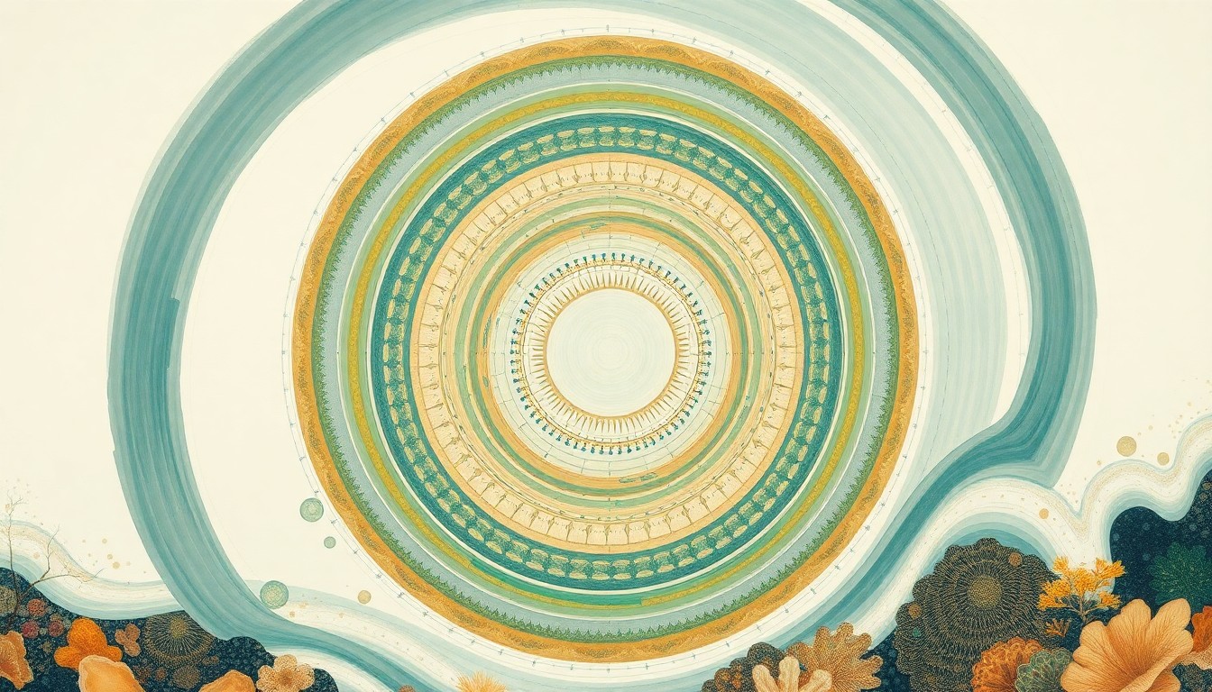 A highly textured, abstract painting in earthy tones of green, blue, and ochre, depicting a complex, interlocking network of geometric shapes and organic forms that evoke the intricate microbial ecosystems found within coral reefs, conveying a sense of the hidden scientific potential within these fragile marine environments.