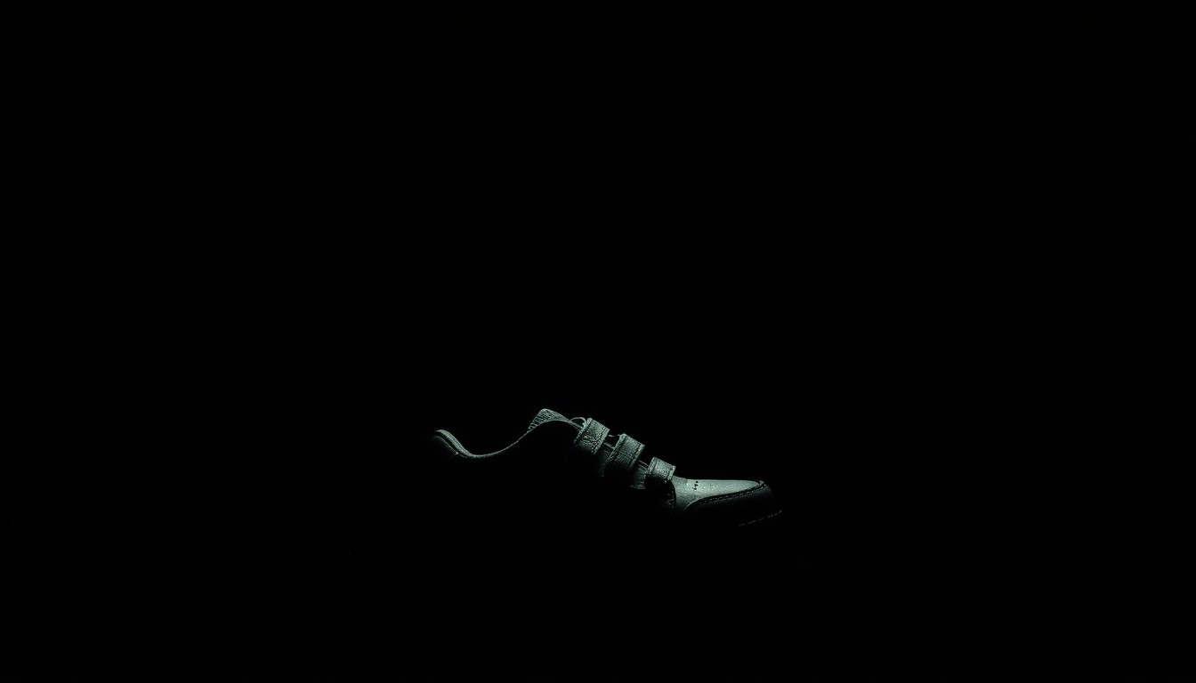 An extreme close-up photograph of a small child's shoe or toy, dramatically lit by a harsh camera flash against a pitch-black background, conveying a sense of vulnerability and the need for protection.