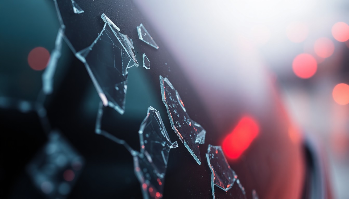 An extreme close-up photograph of a shattered car window, the jagged glass fragments reflecting a faint red light, conceptually illustrating the aftermath of a confrontation over a stolen phone charger and coat.