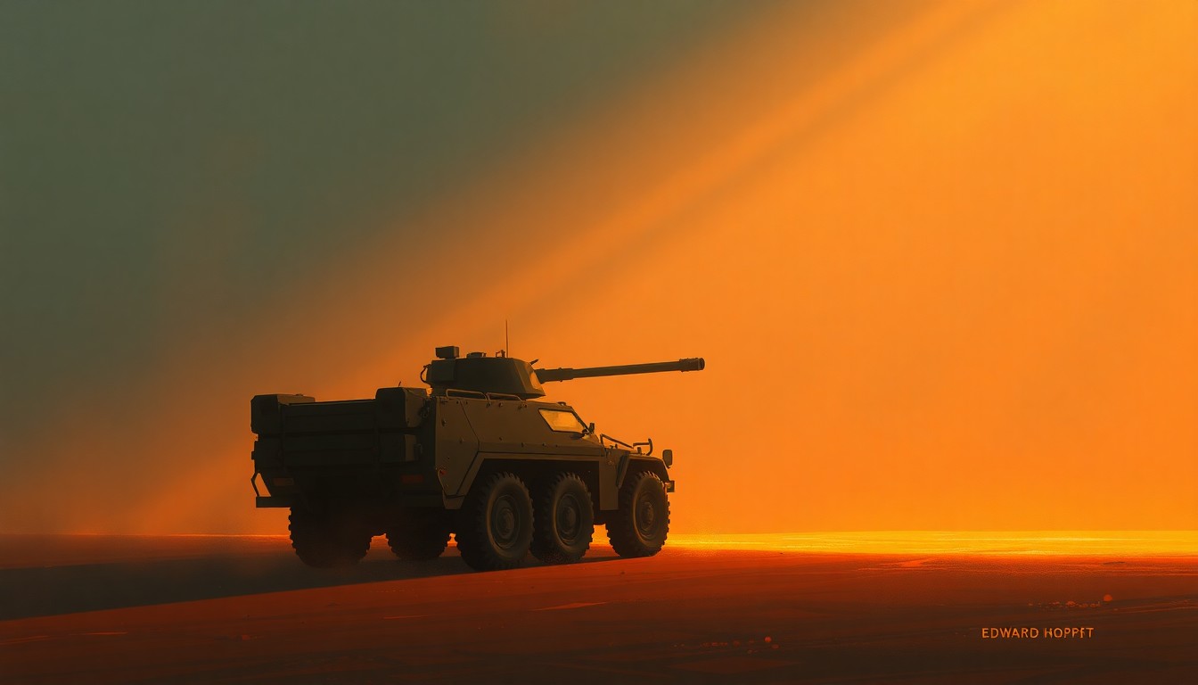 A serene, cinematic painting of a lone military vehicle or weapon, its surfaces reflecting the warm, golden light and deep shadows, conveying a sense of contemplation and unease about the state of civil-military relations.