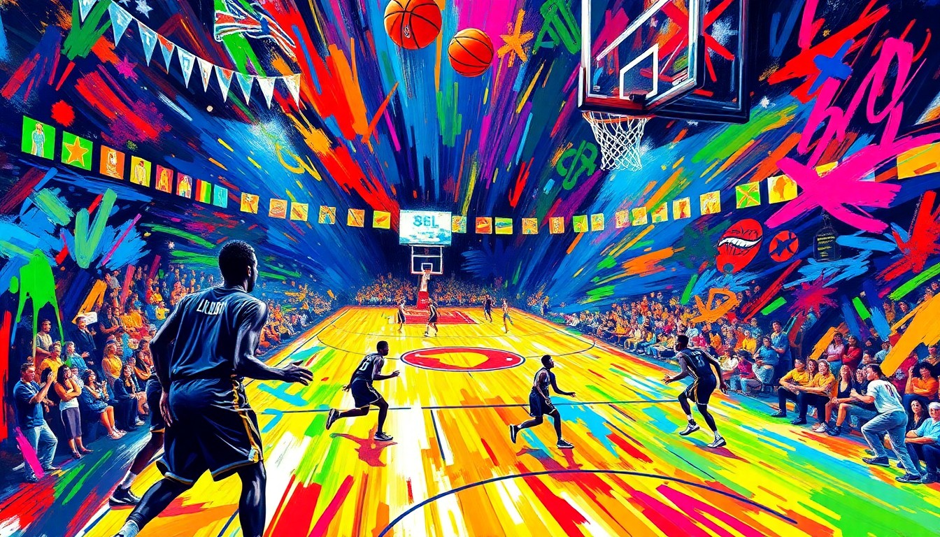 An abstract, energetic painting featuring bold, neon-colored brushstrokes that convey the intensity and excitement of a high school basketball game.
